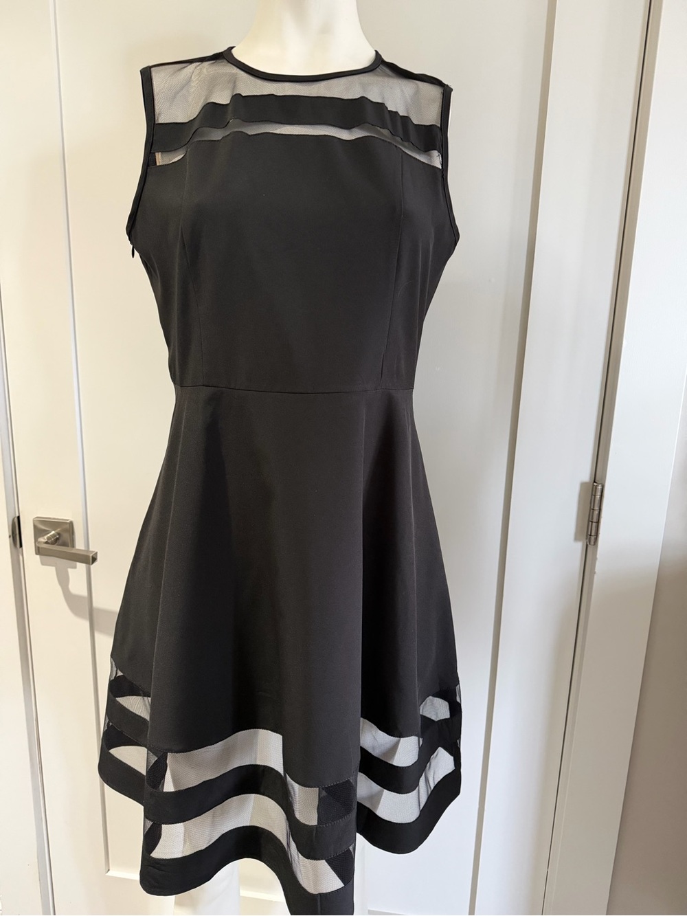 Black Sleeveless Fit-and-Flare Dress with Sheer Stripe Insets
